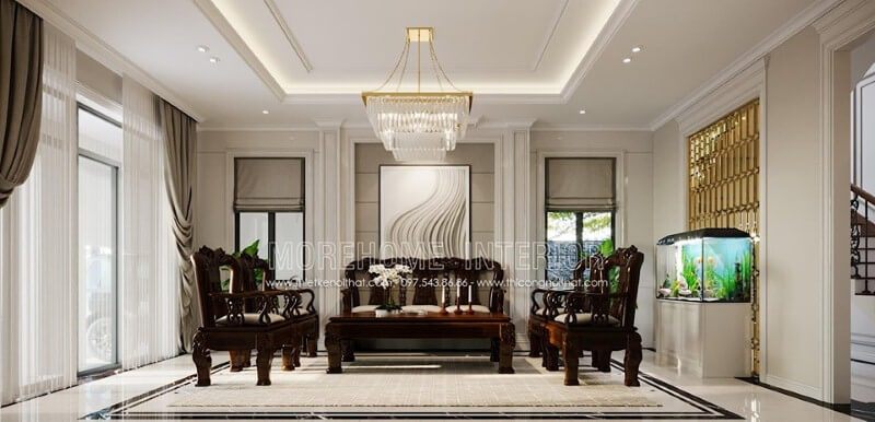 Sắp xếp nội thất phòng khách với hệ cửa lớn cùng rèm 2 lớp giúp không gian luôn được thông thoáng.